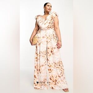 ASOS LUXE Curve satin corsage plunge neck wide leg jumpsuit